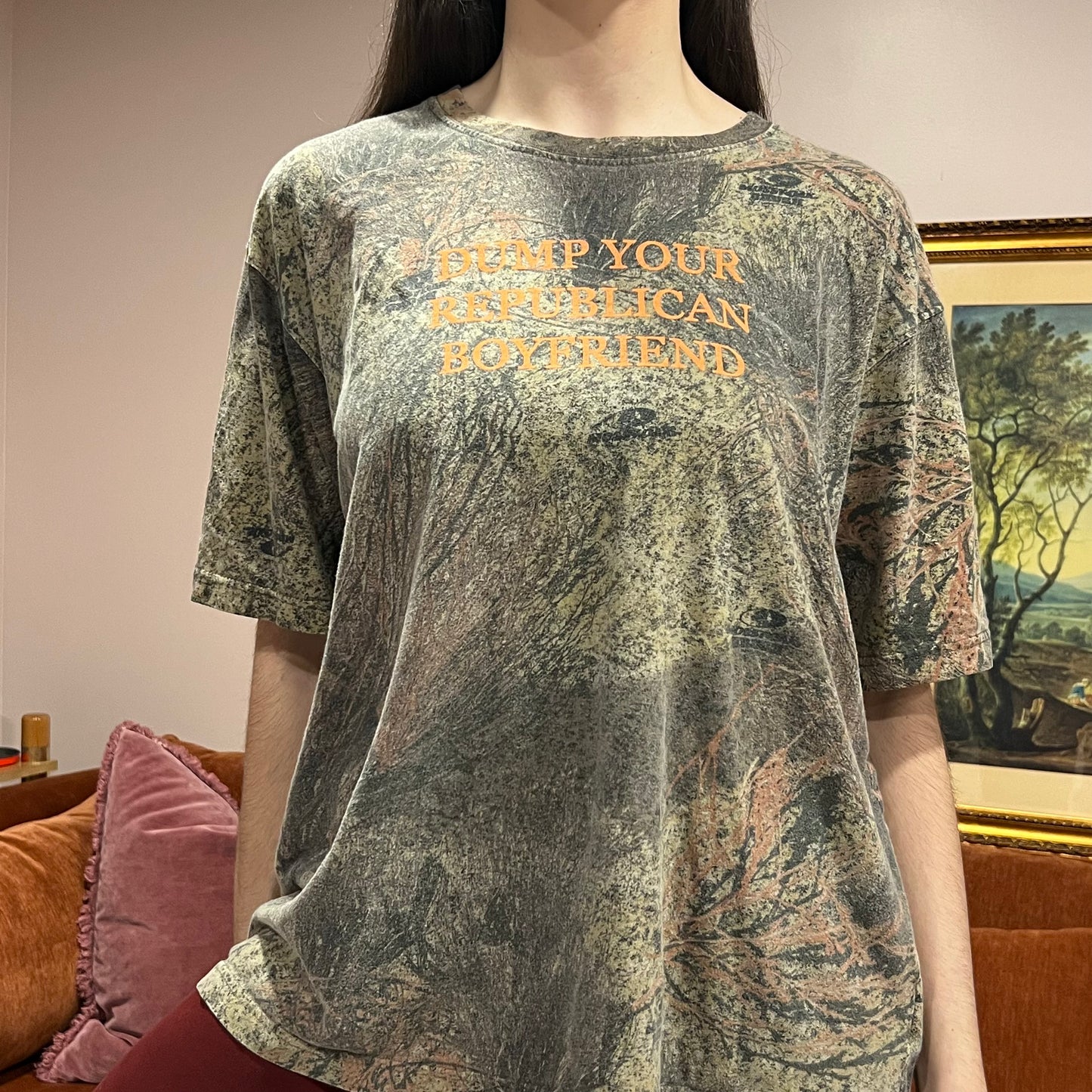 DUMP YOUR REPUBLICAN BOYFRIEND camo t-shirt with orange text (XL)