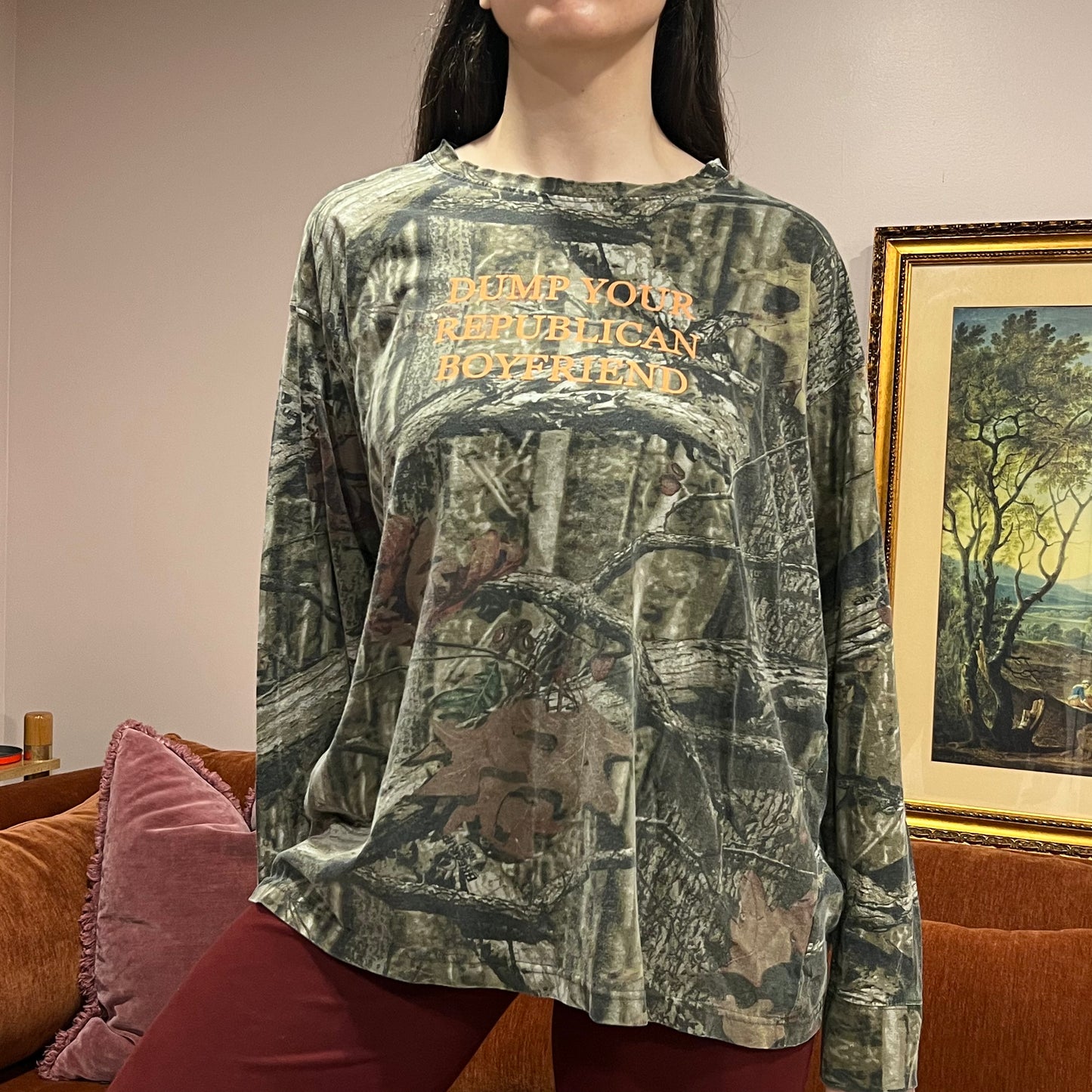 DUMP YOUR REPUBLICAN BOYFRIEND camo long sleeve t-shirt with orange text (2XL)