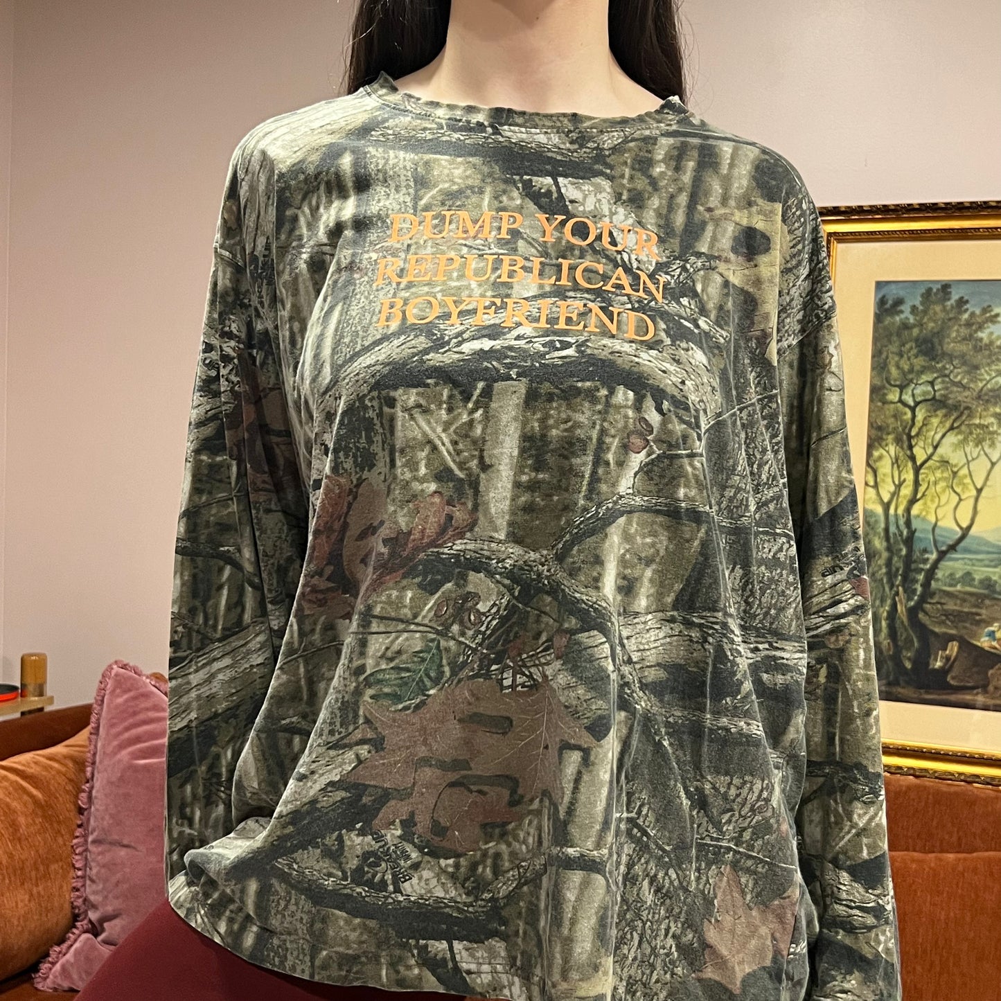 DUMP YOUR REPUBLICAN BOYFRIEND camo long sleeve t-shirt with orange text (2XL)