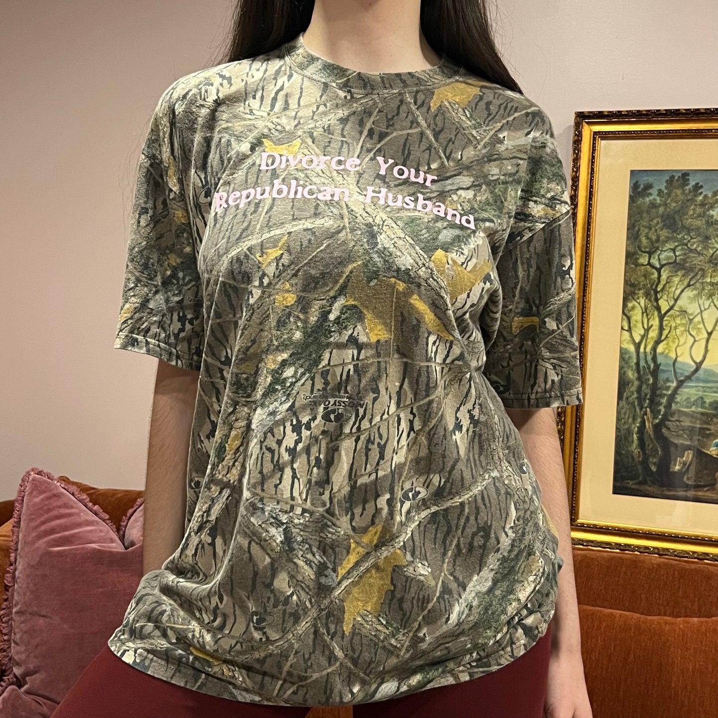 DIVORCE YOUR REPUBLICAN HUSBAND camo t-shirt with pink text (XL)