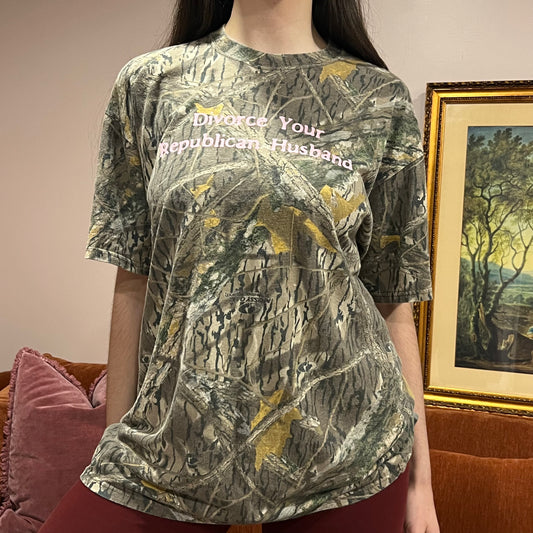 DIVORCE YOUR REPUBLICAN HUSBAND camo t-shirt with pink text (XL)
