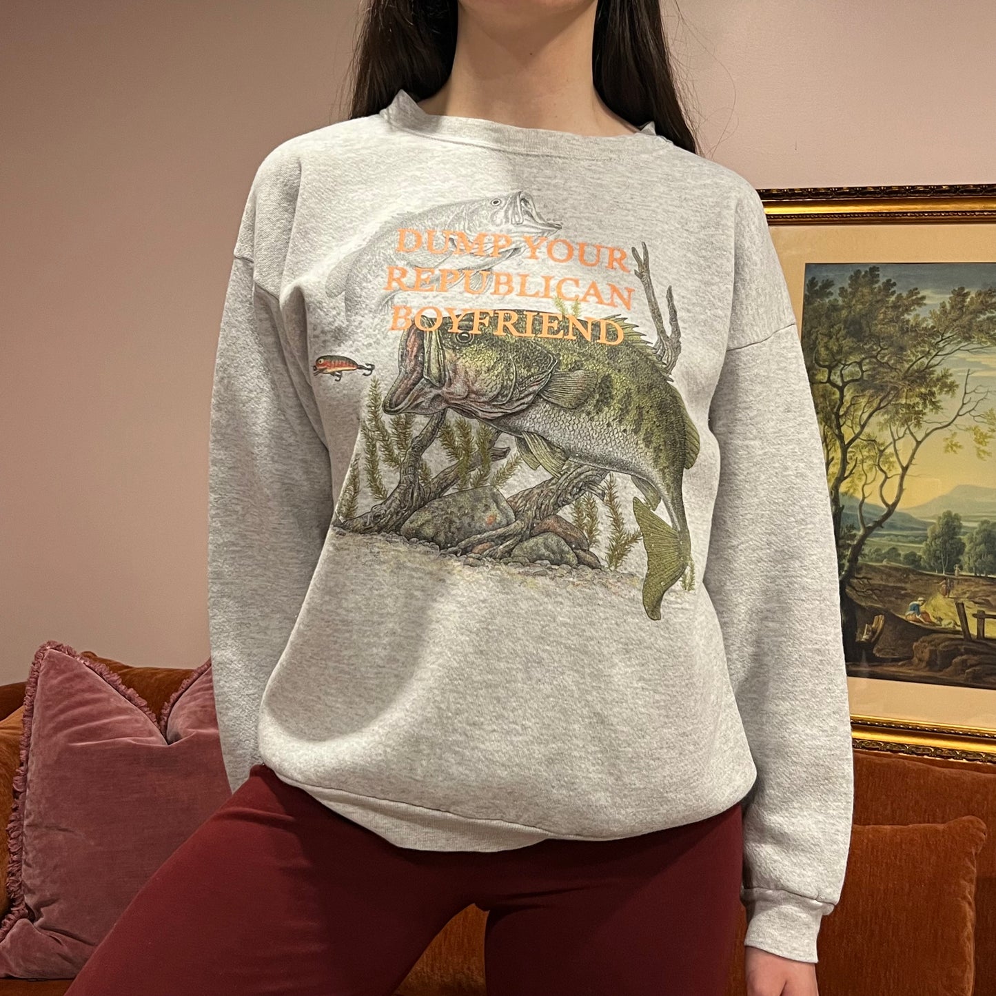 DUMP YOUR REPUBLICAN BOYFRIEND animal crewneck with orange text (L)
