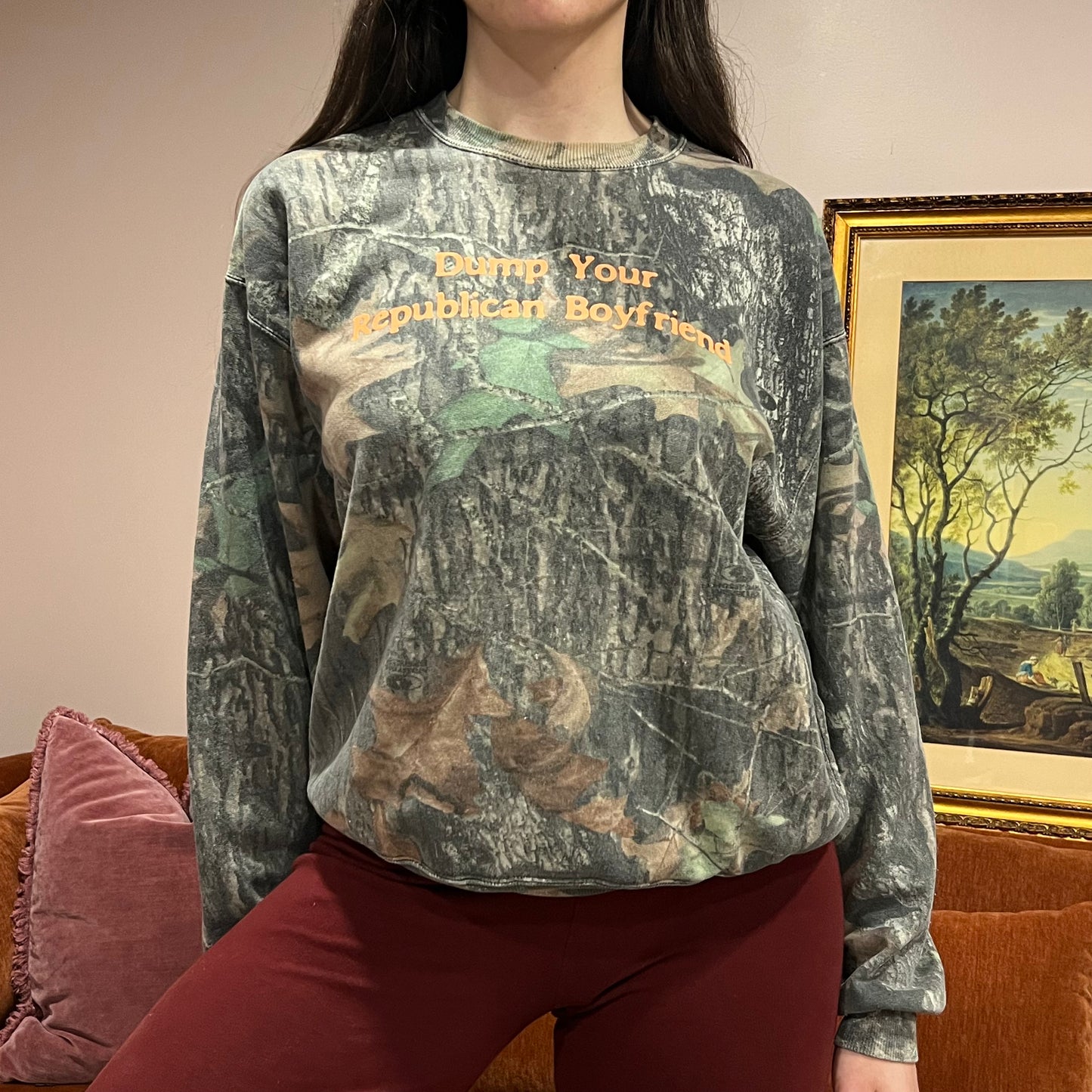 DUMP YOUR REPUBLICAN BOYFRIEND camo crewneck with orange text (M)