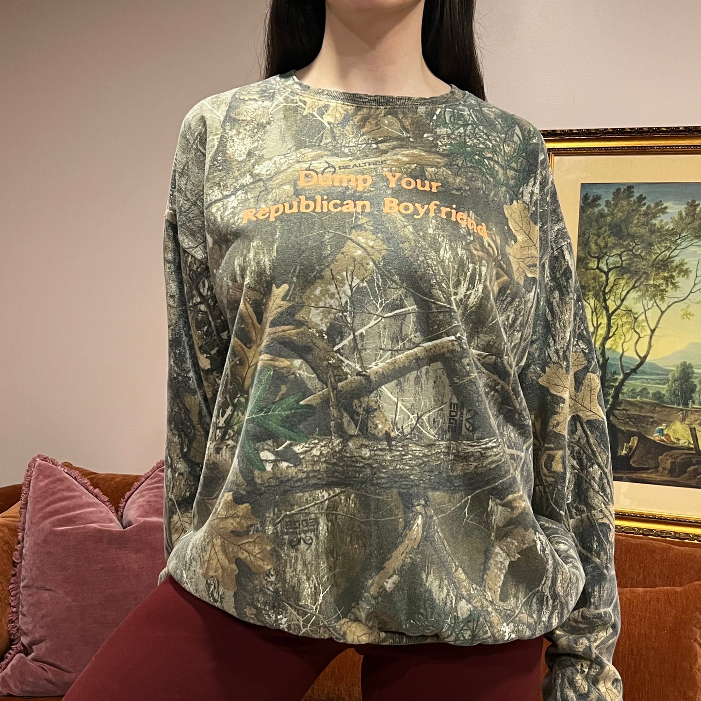 DUMP YOUR REPUBLICAN BOYFRIEND camo crewneck with orange text (3XL)