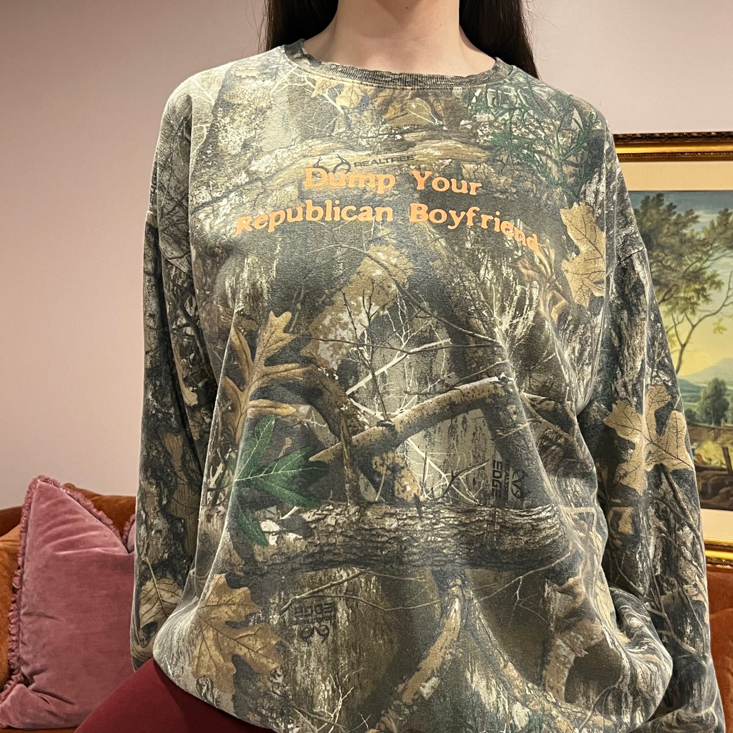 DUMP YOUR REPUBLICAN BOYFRIEND camo crewneck with orange text (3XL)