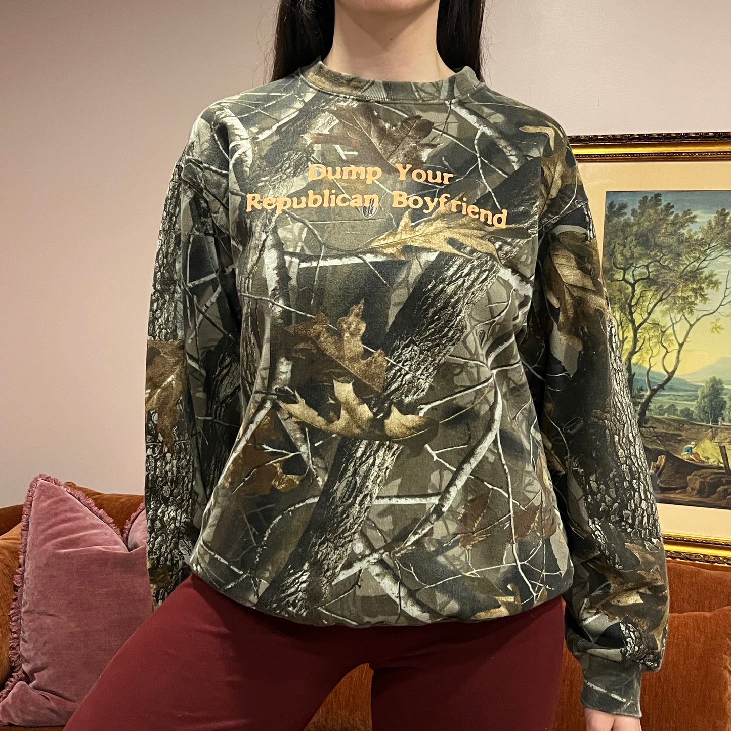 DUMP YOUR REPUBLICAN BOYFRIEND camo crewneck with orange text (M)