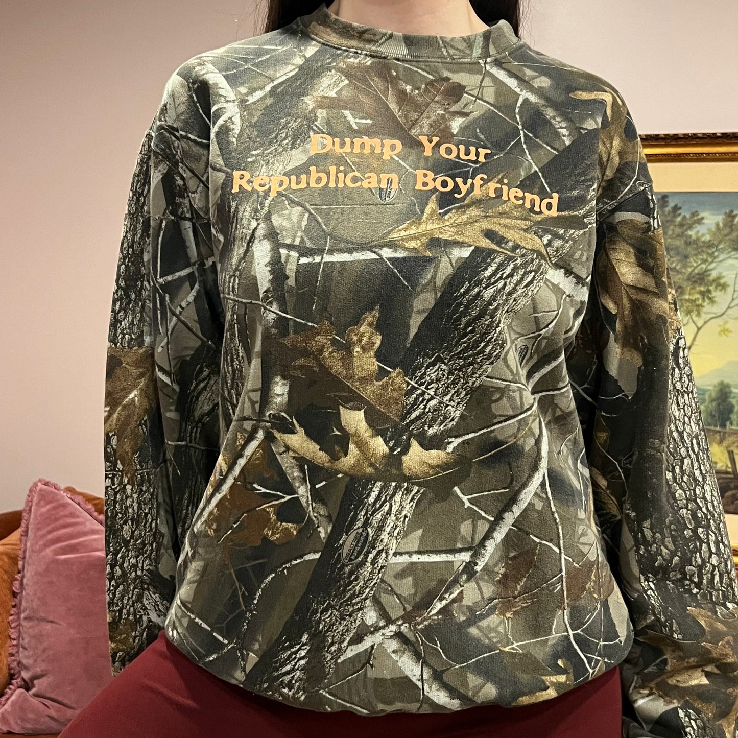 DUMP YOUR REPUBLICAN BOYFRIEND camo crewneck with orange text (M)