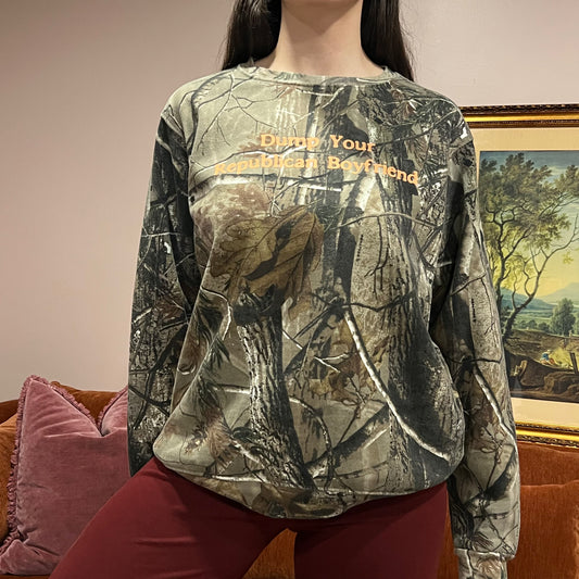 DUMP YOUR REPUBLICAN BOYFRIEND camo crewneck with orange text (M)