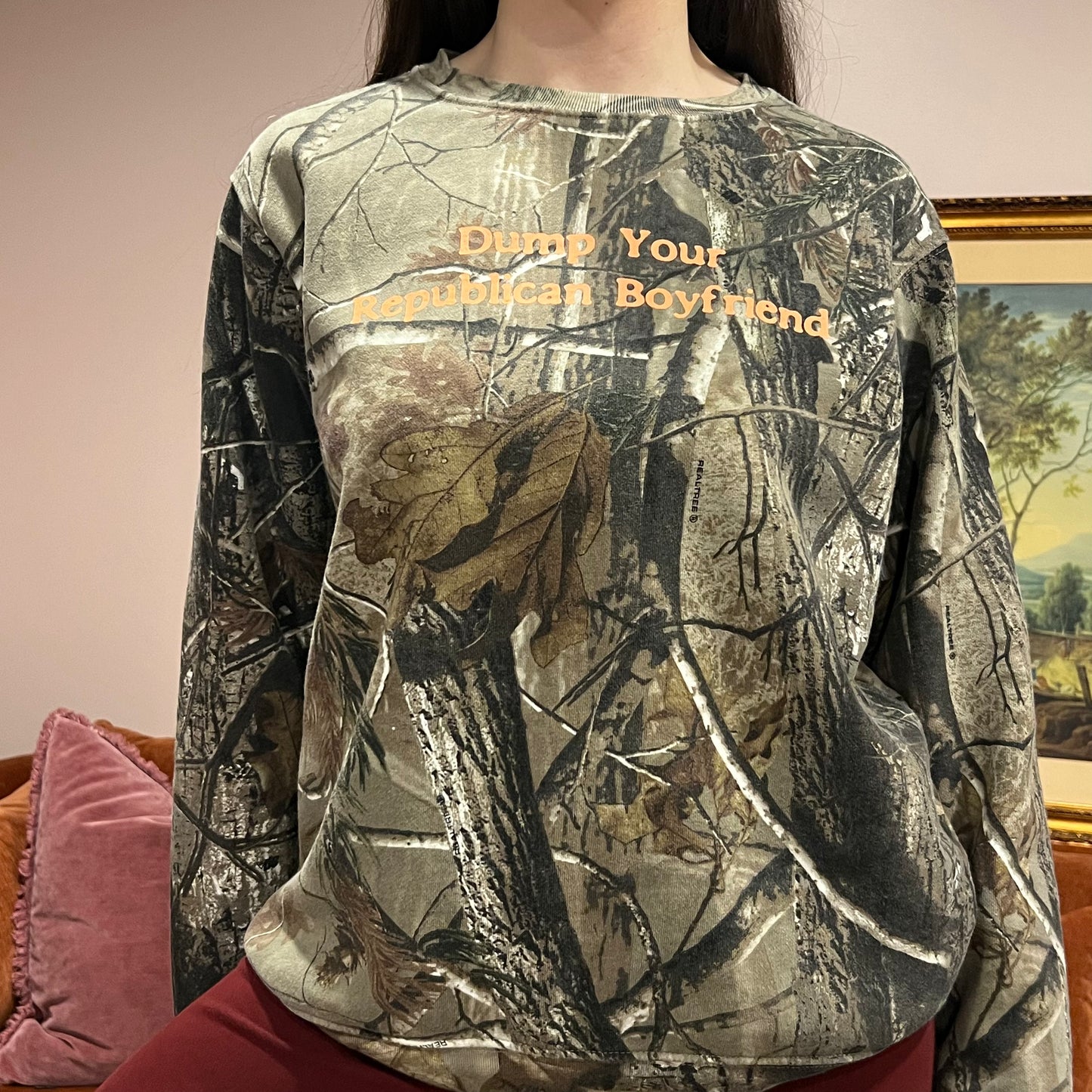 DUMP YOUR REPUBLICAN BOYFRIEND camo crewneck with orange text (M)