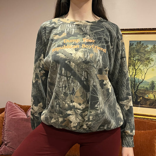 DUMP YOUR REPUBLICAN BOYFRIEND camo crewneck with orange text (L)