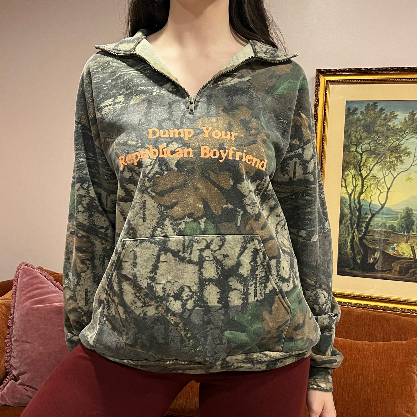DUMP YOUR REPUBLICAN BOYFRIEND camo zip-up with orange text (XL)