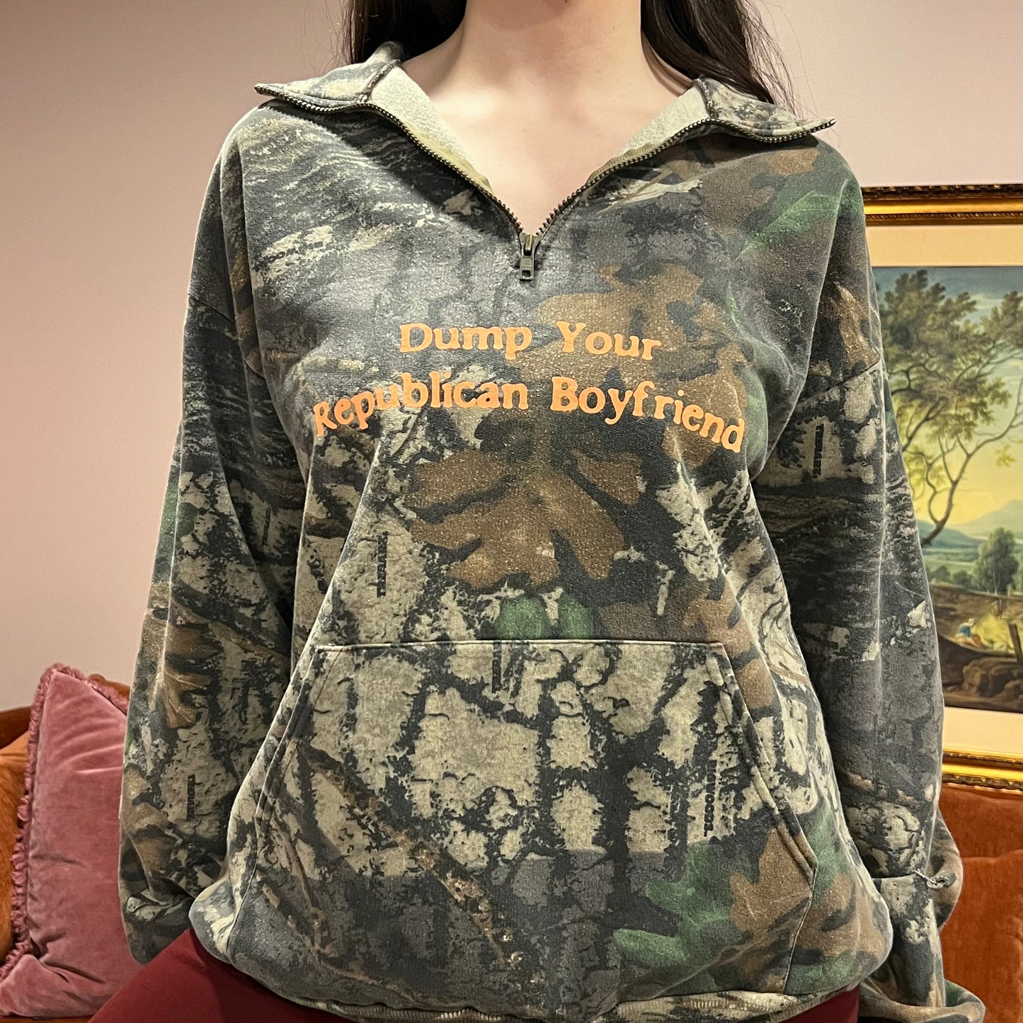 DUMP YOUR REPUBLICAN BOYFRIEND camo zip-up with orange text (XL)