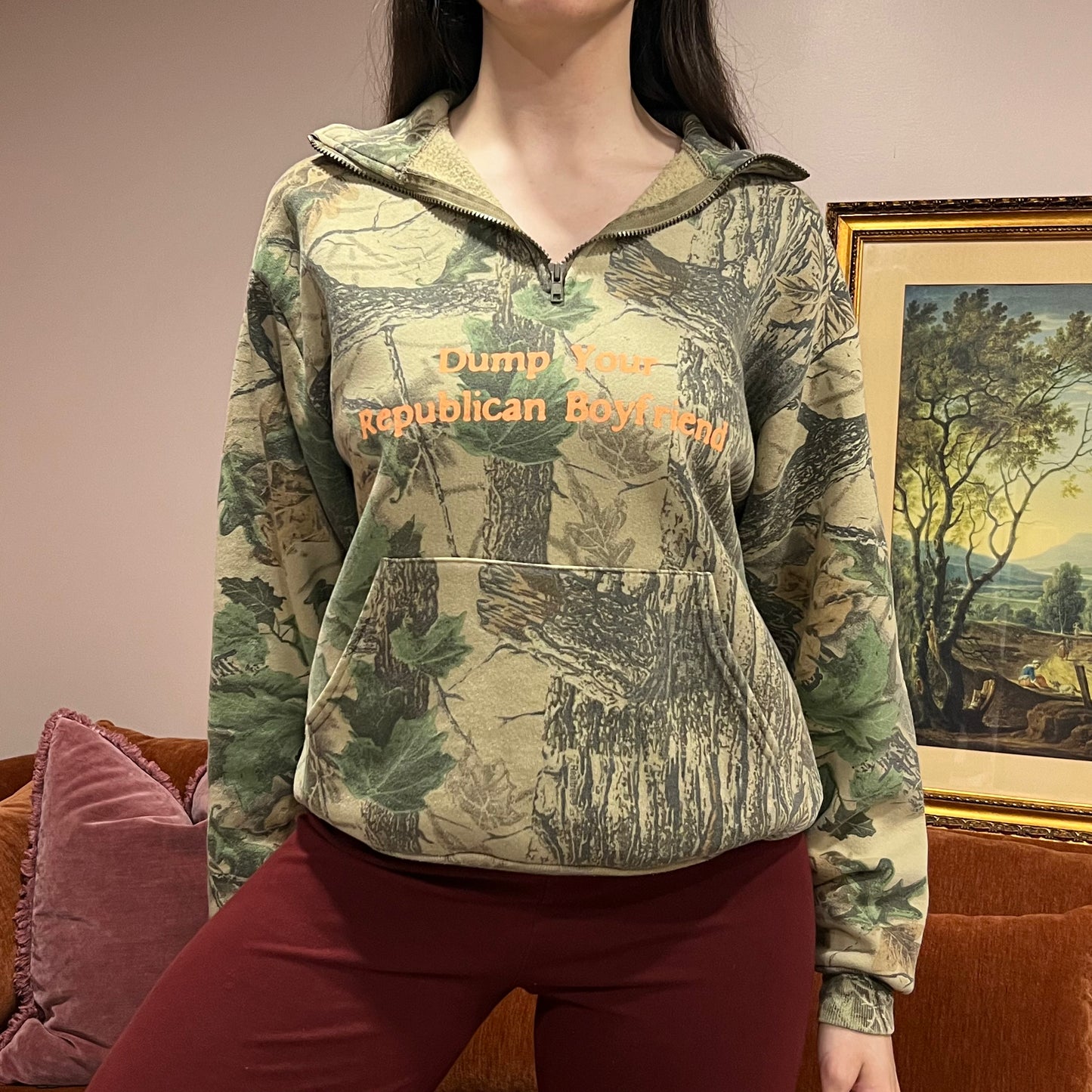 DUMP YOUR REPUBLICAN BOYFRIEND camo zip-up with orange text (M)