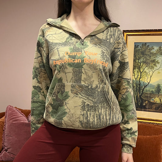 DUMP YOUR REPUBLICAN BOYFRIEND camo zip-up with orange text (M)