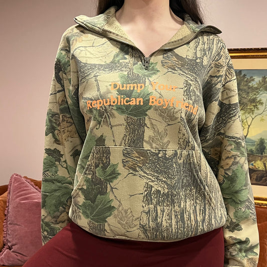 DUMP YOUR REPUBLICAN BOYFRIEND camo zip-up with orange text (M)
