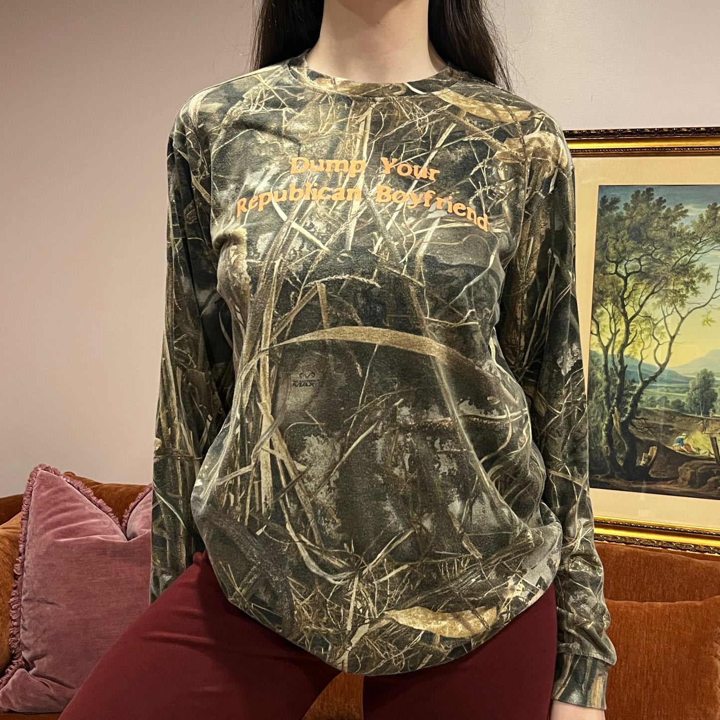 DUMP YOUR REPUBLICAN BOYFRIEND camo long sleeve t-shirt with orange text (S)