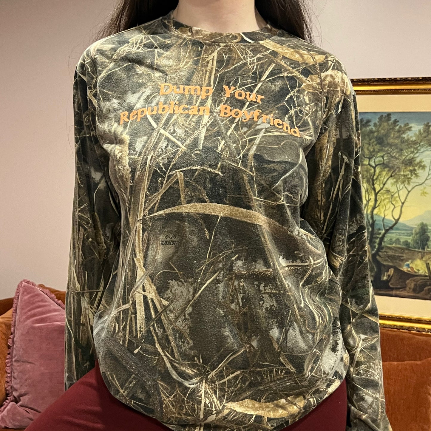 DUMP YOUR REPUBLICAN BOYFRIEND camo long sleeve t-shirt with orange text (S)