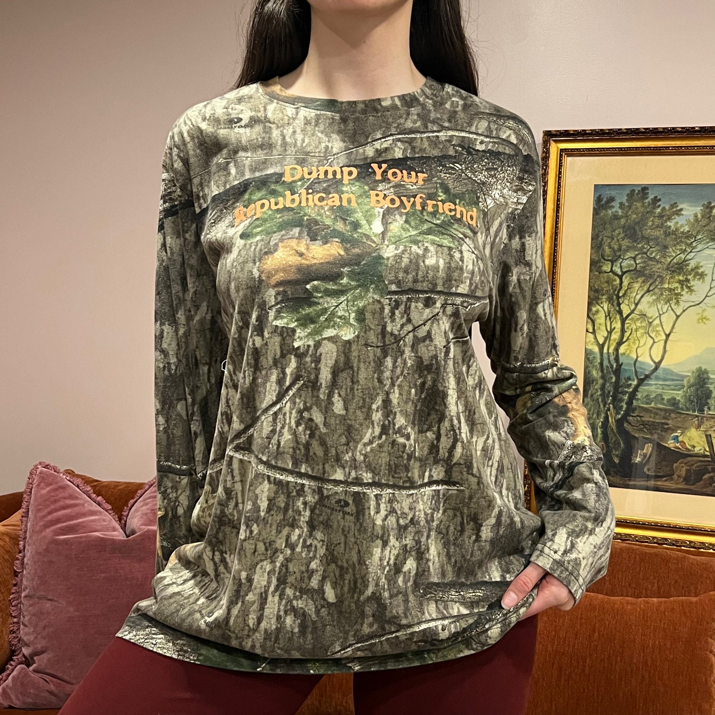 DUMP YOUR REPUBLICAN BOYFRIEND camo long sleeve t-shirt with orange text (XL)