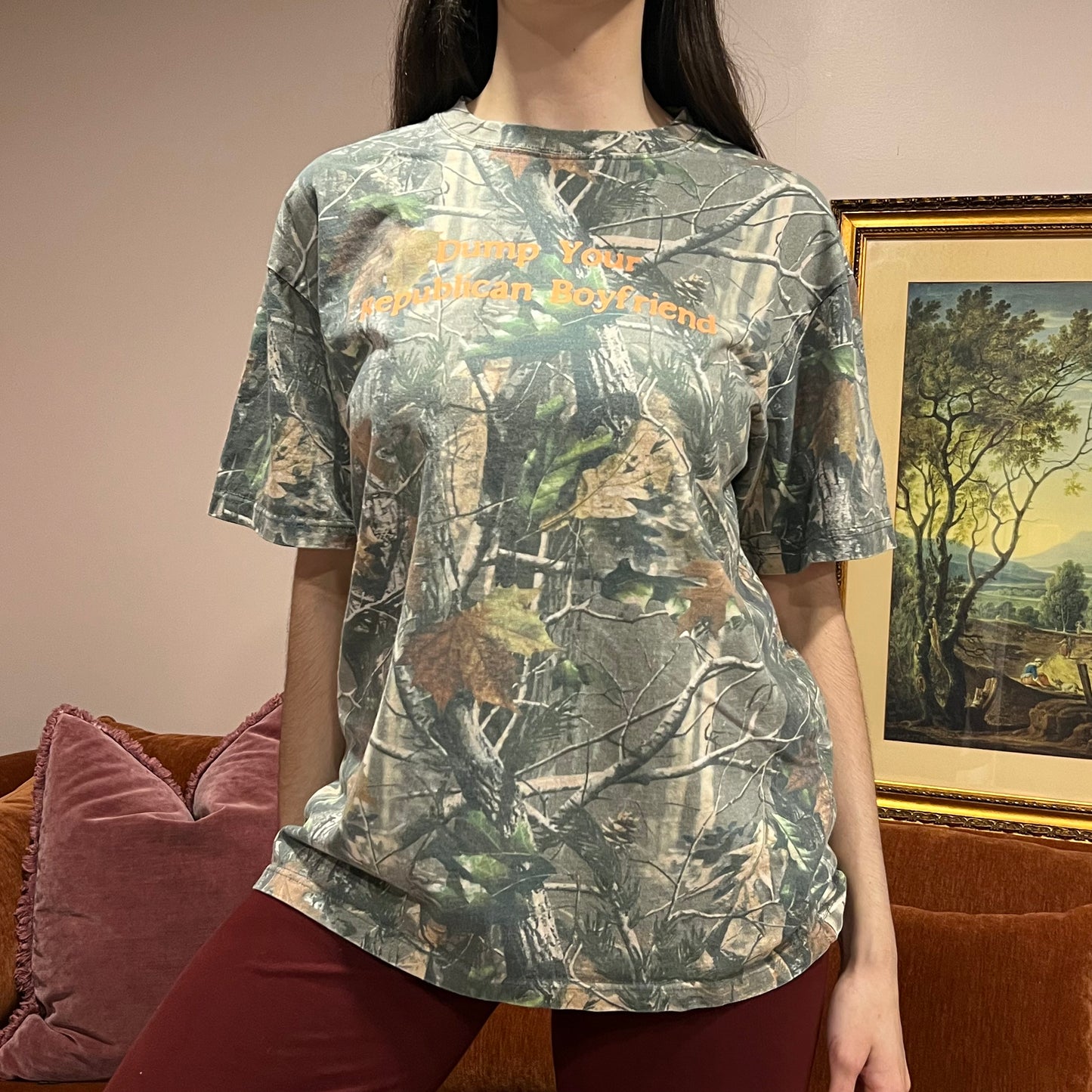 DUMP YOUR REPUBLICAN BOYFRIEND camo t-shirt with orange text (M)