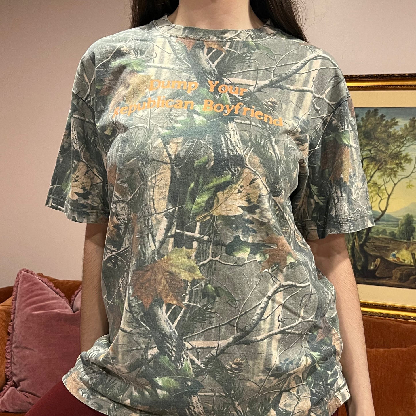 DUMP YOUR REPUBLICAN BOYFRIEND camo t-shirt with orange text (M)
