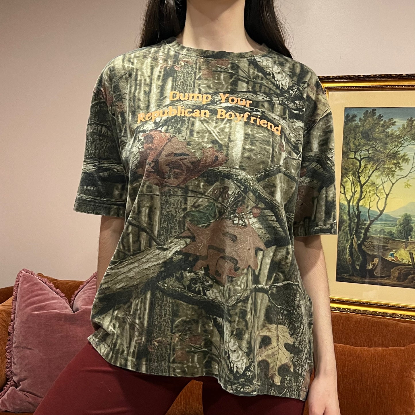 DUMP YOUR REPUBLICAN BOYFRIEND camo t-shirt with orange text (XL)