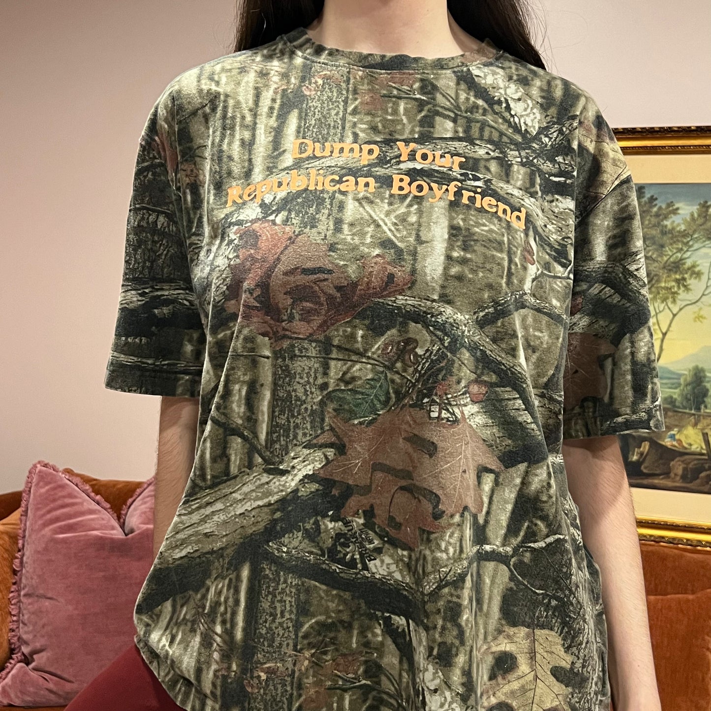 DUMP YOUR REPUBLICAN BOYFRIEND camo t-shirt with orange text (XL)