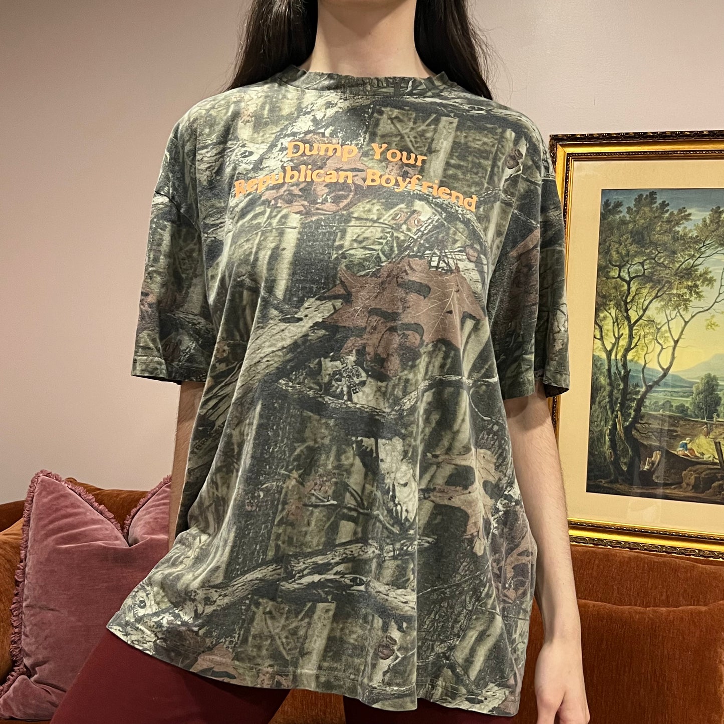 DUMP YOUR REPUBLICAN BOYFRIEND camo t-shirt with orange text (2XL)