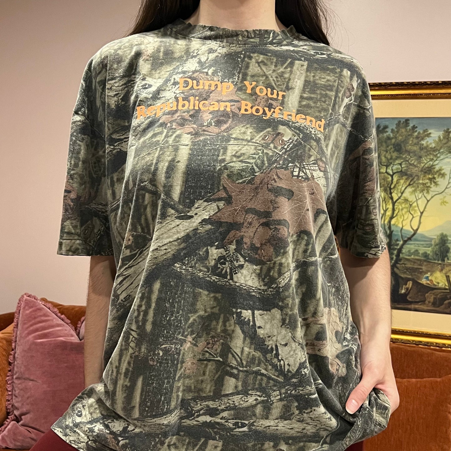 DUMP YOUR REPUBLICAN BOYFRIEND camo t-shirt with orange text (2XL)