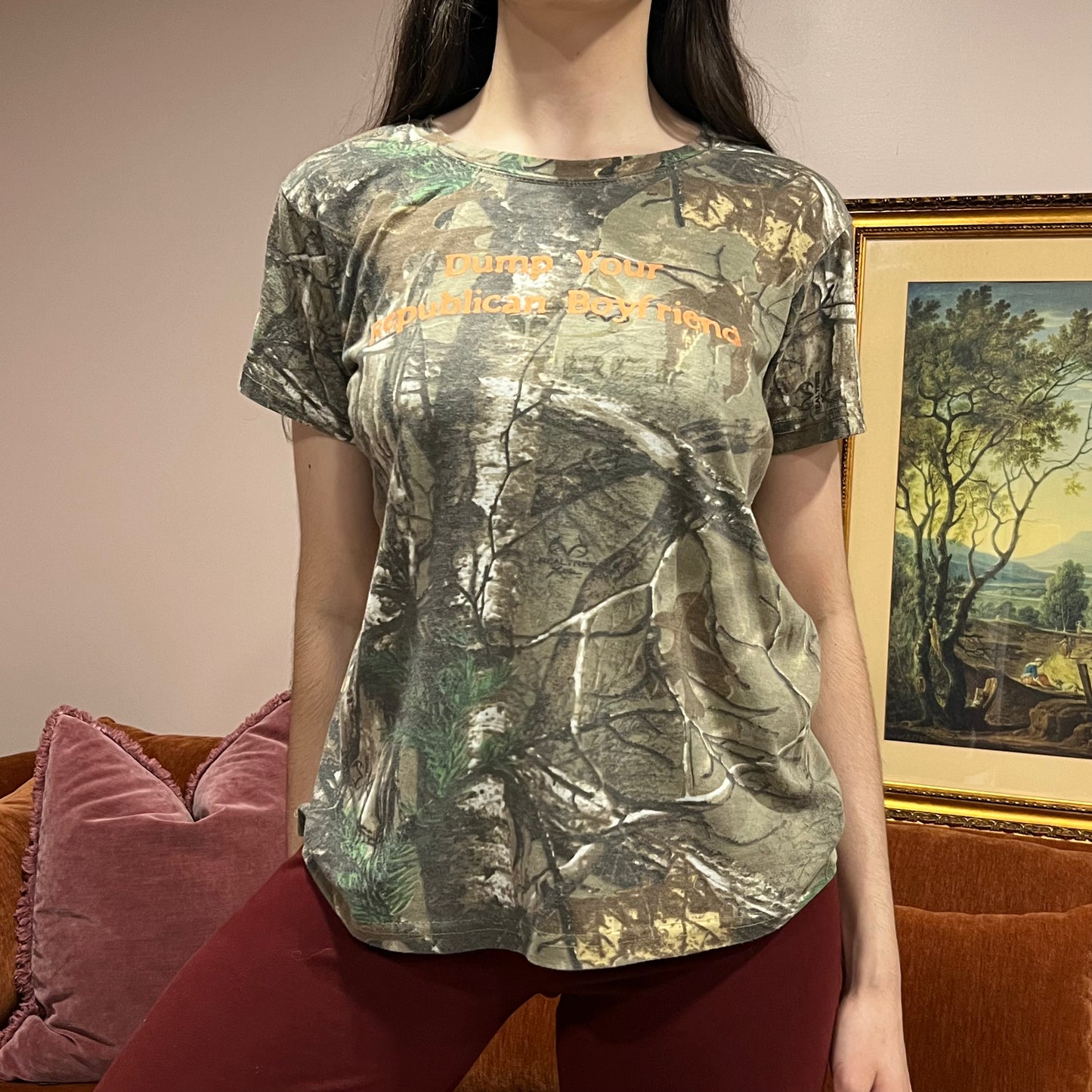 DUMP YOUR REPUBLICAN BOYFRIEND camo t-shirt with orange text (XYZ)