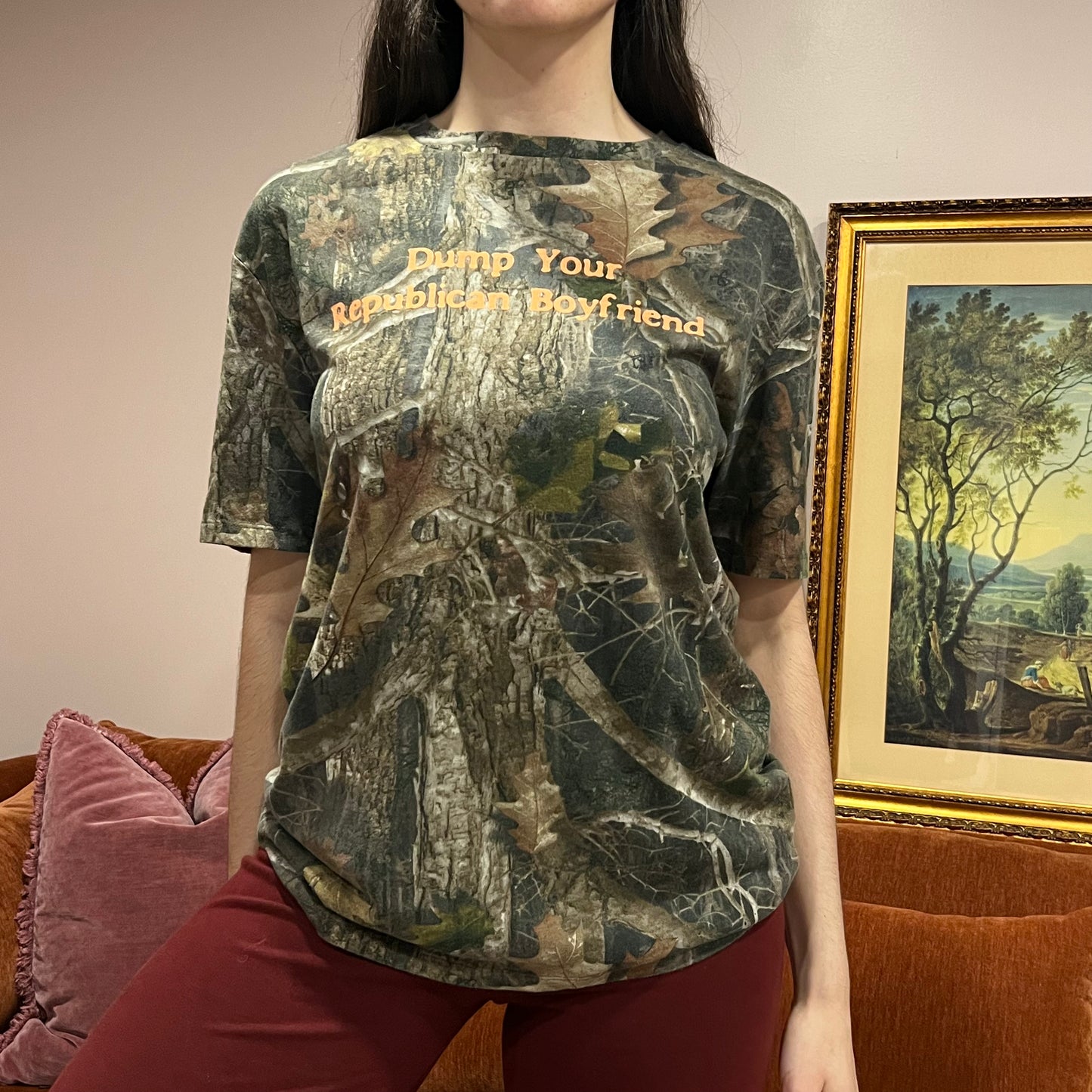 DUMP YOUR REPUBLICAN BOYFRIEND camo t-shirt with orange text (XYZ)