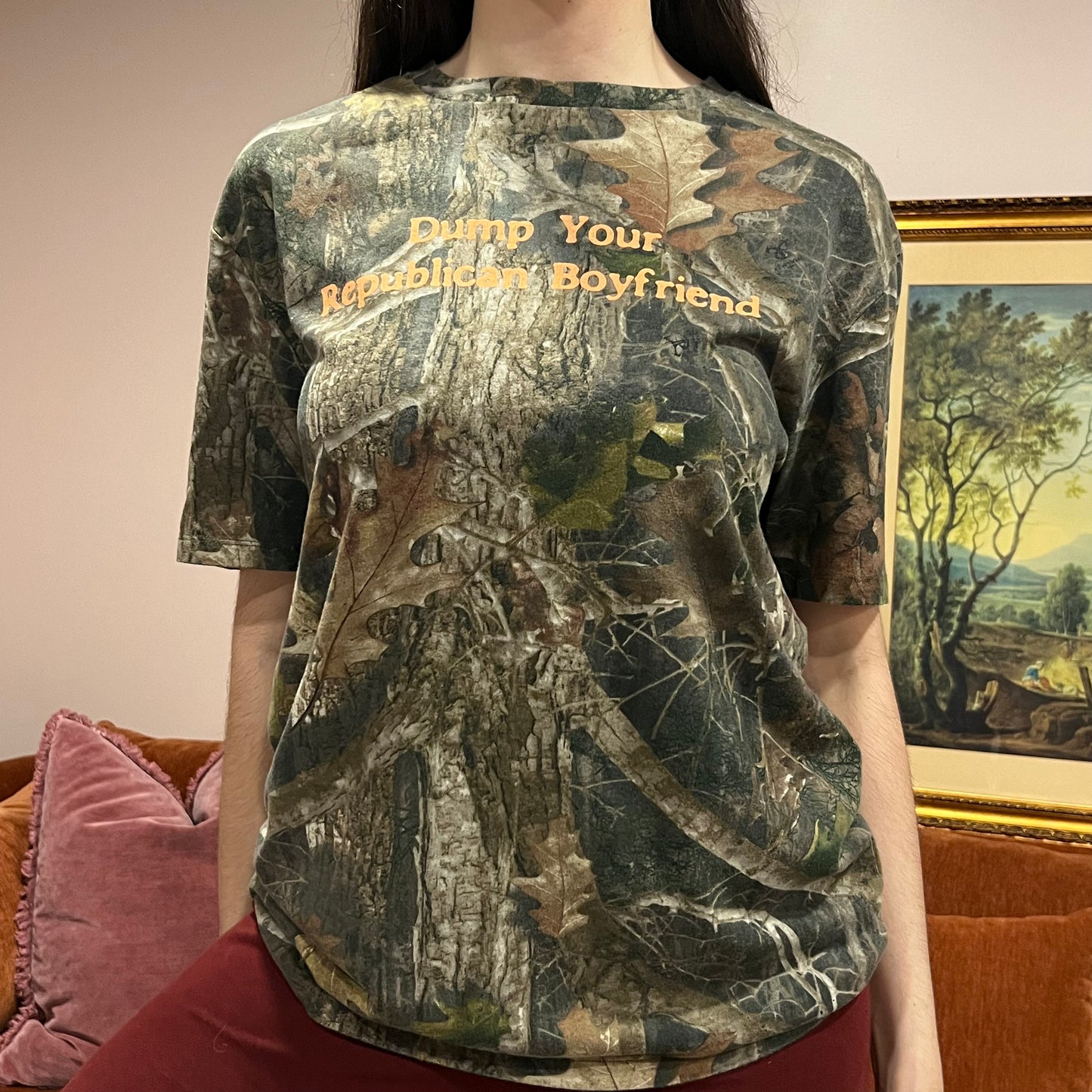 DUMP YOUR REPUBLICAN BOYFRIEND camo t-shirt with orange text (XYZ)
