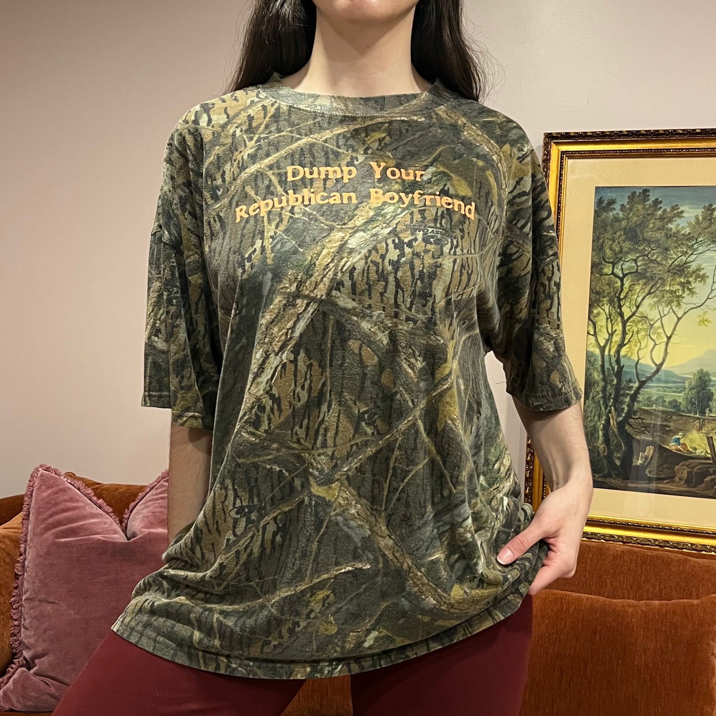 DUMP YOUR REPUBLICAN BOYFRIEND camo t-shirt with orange text (XYZ)