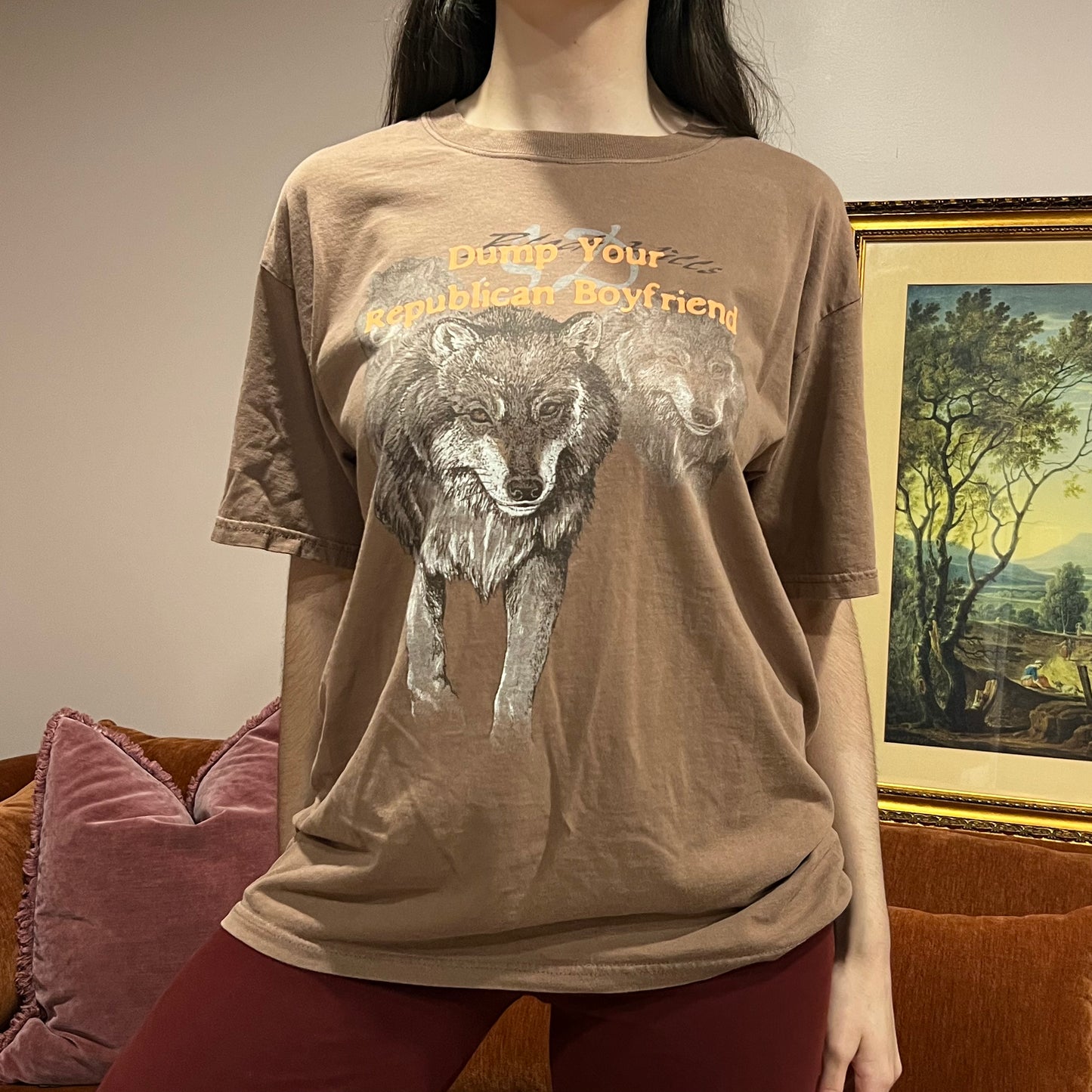 DUMP YOUR REPUBLICAN BOYFRIEND animal t-shirt with orange text (L)