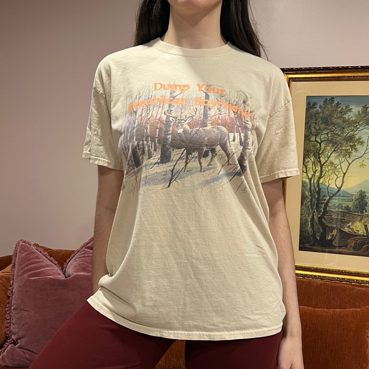 DUMP YOUR REPUBLICAN BOYFRIEND animal t-shirt with orange text (L)