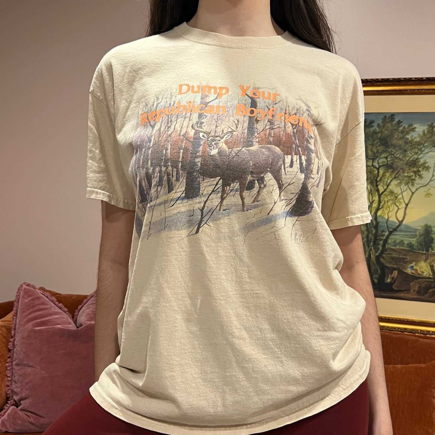 DUMP YOUR REPUBLICAN BOYFRIEND animal t-shirt with orange text (L)
