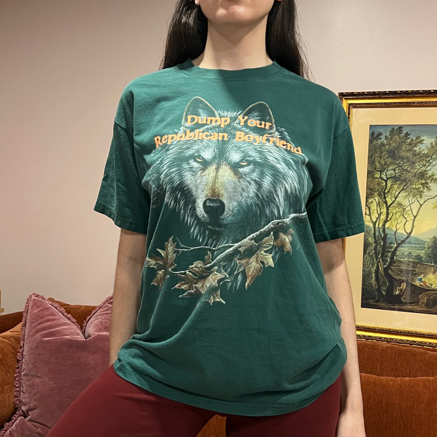 DUMP YOUR REPUBLICAN BOYFRIEND animal t-shirt with orange text (L)