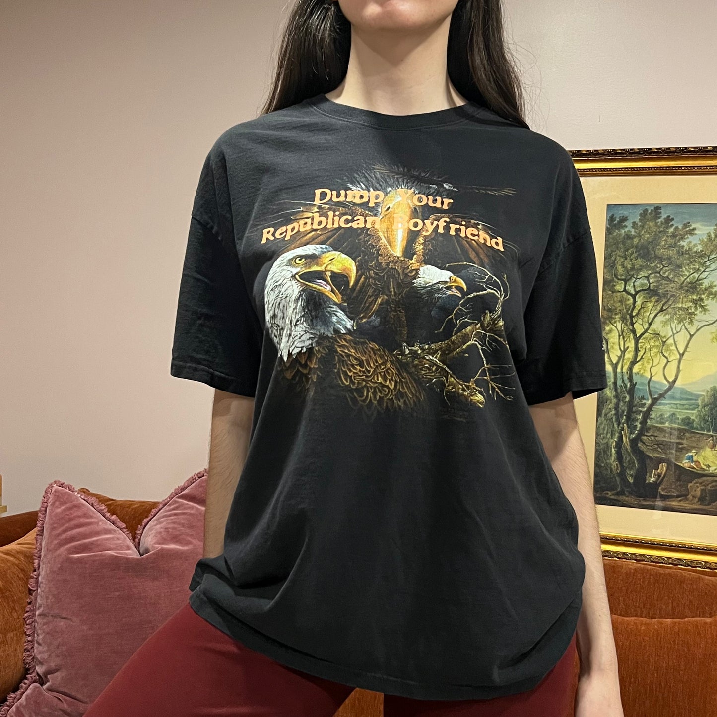 DUMP YOUR REPUBLICAN BOYFRIEND animal t-shirt with orange text (XL)