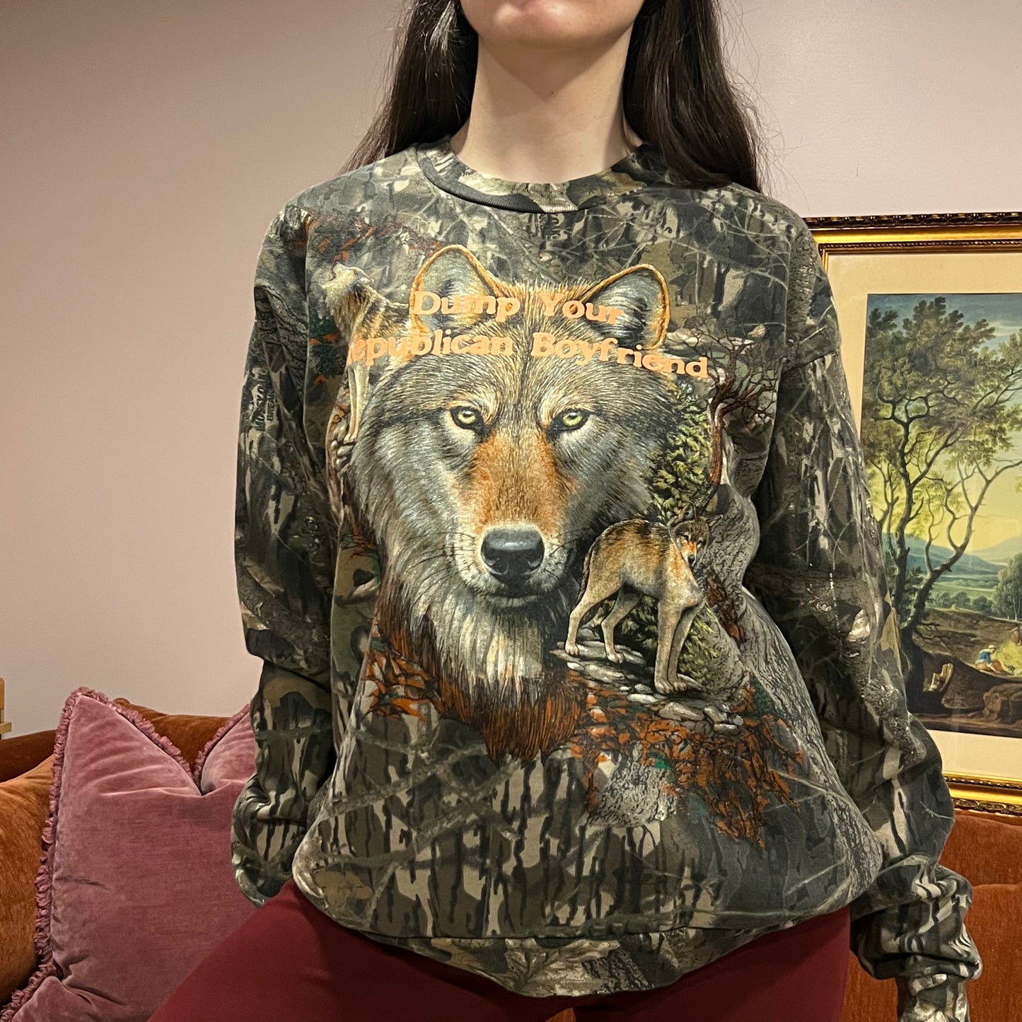 DUMP YOUR REPUBLICAN BOYFRIEND animal crewneck with orange text (M)