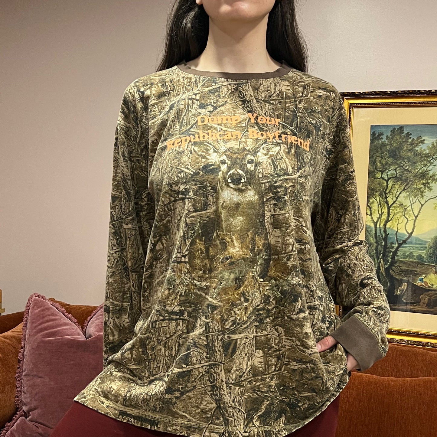 DUMP YOUR REPUBLICAN BOYFRIEND animal long sleeve t-shirt with orange text (XL)