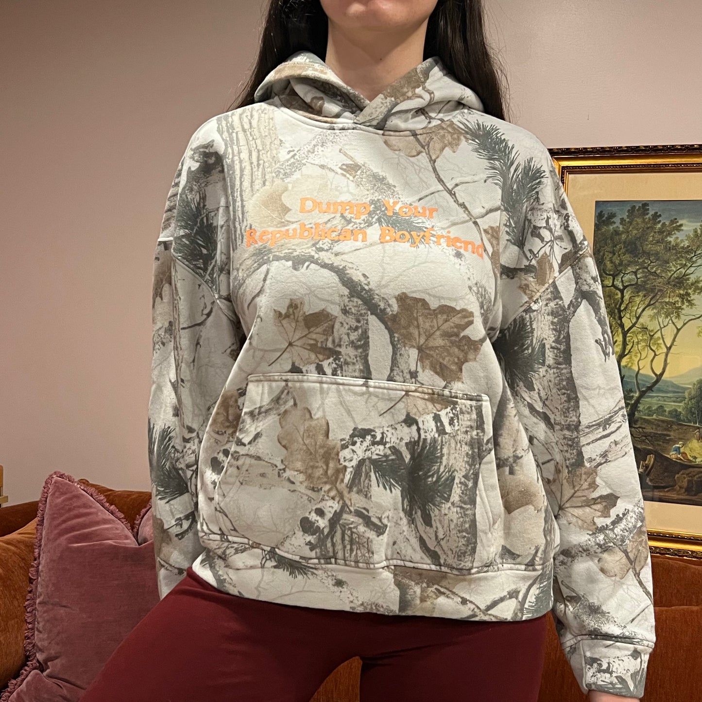 DUMP YOUR REPUBLICAN BOYFRIEND white camo hoodie with orange text (S)