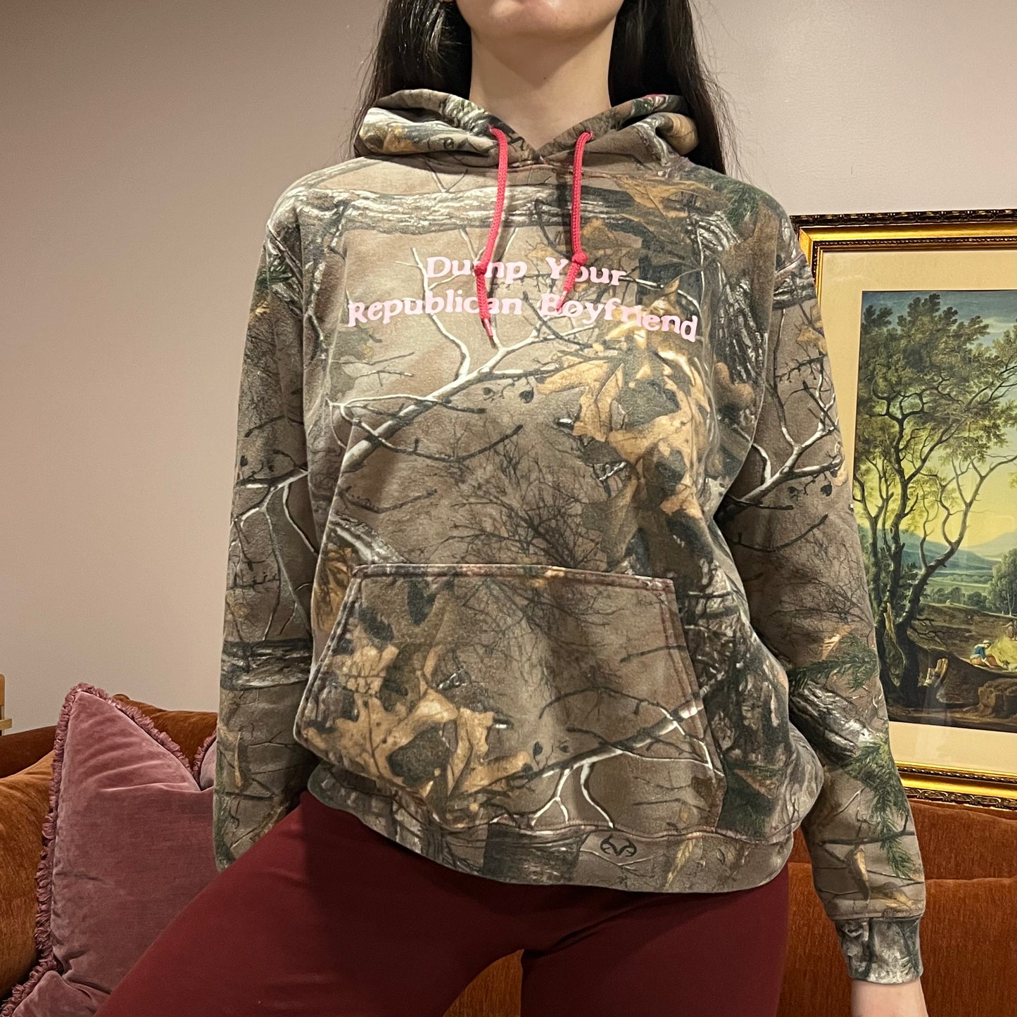 DUMP YOUR REPUBLICAN BOYFRIEND camo hoodie with pink text (M/L)