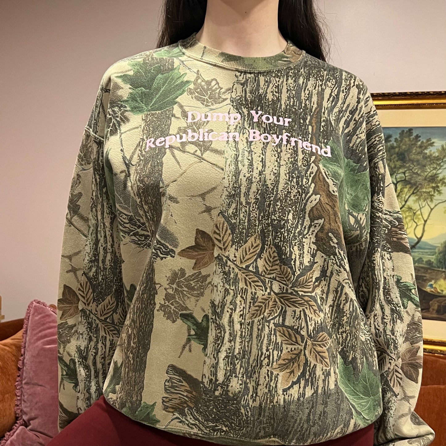 DUMP YOUR REPUBLICAN BOYFRIEND camo crewneck with pink text (L)