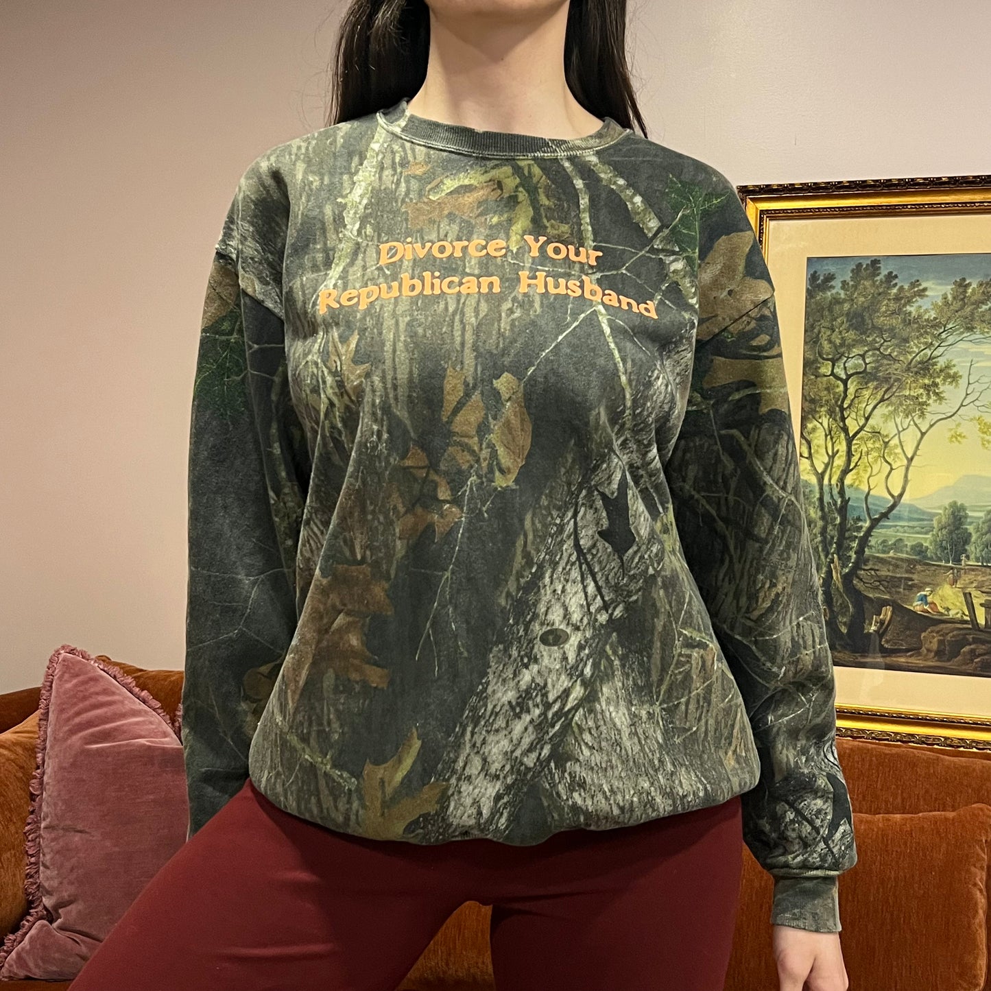 DIVORCE YOUR REPUBLICAN HUSBAND camo crewneck with orange text (L)