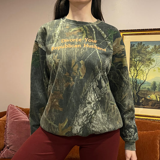 DIVORCE YOUR REPUBLICAN HUSBAND camo crewneck with orange text (L)