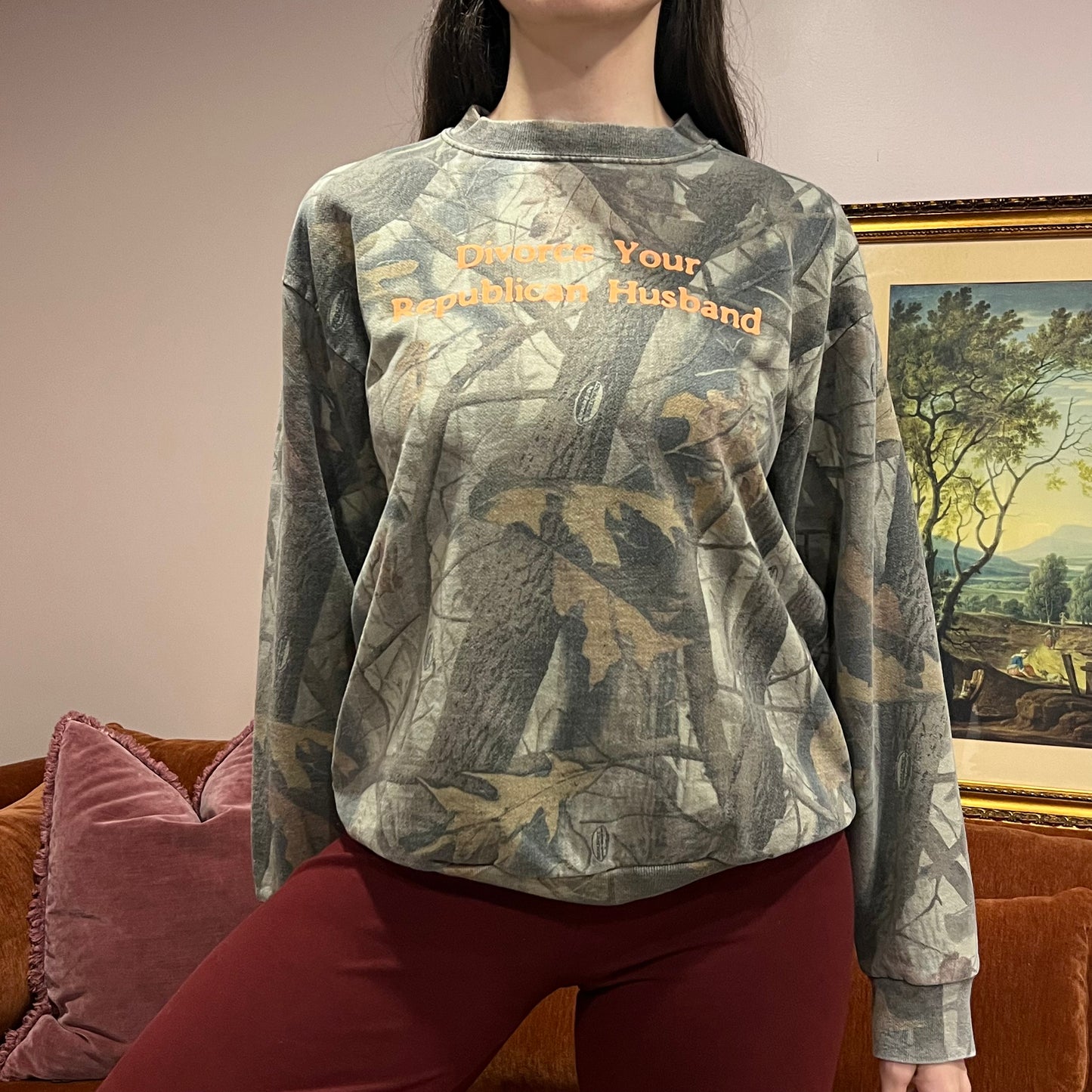 DIVORCE YOUR REPUBLICAN HUSBAND camo crewneck with orange text (M)