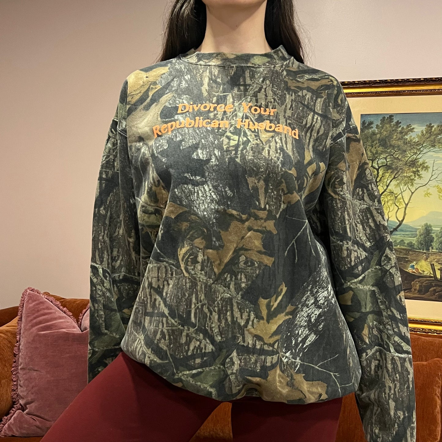 DIVORCE YOUR REPUBLICAN HUSBAND camo crewneck with orange text (XL)