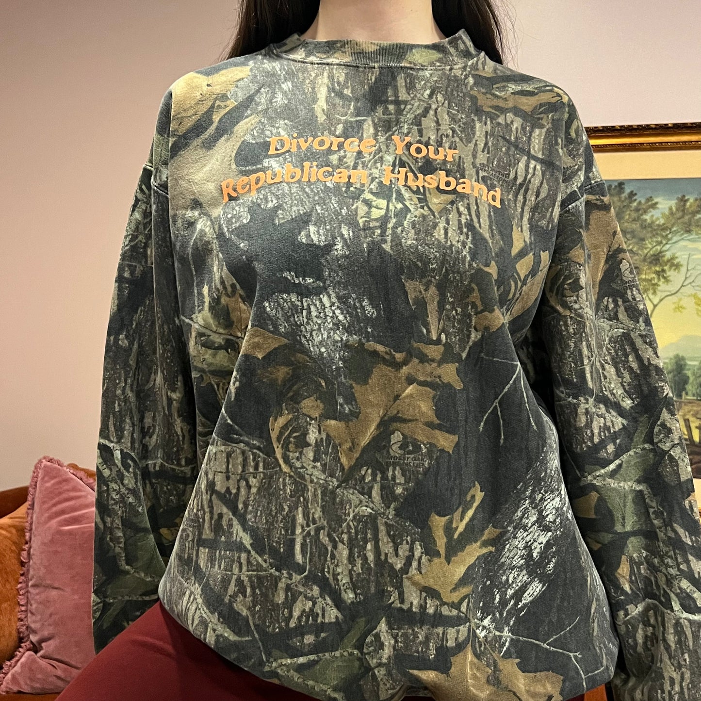 DIVORCE YOUR REPUBLICAN HUSBAND camo crewneck with orange text (XL)