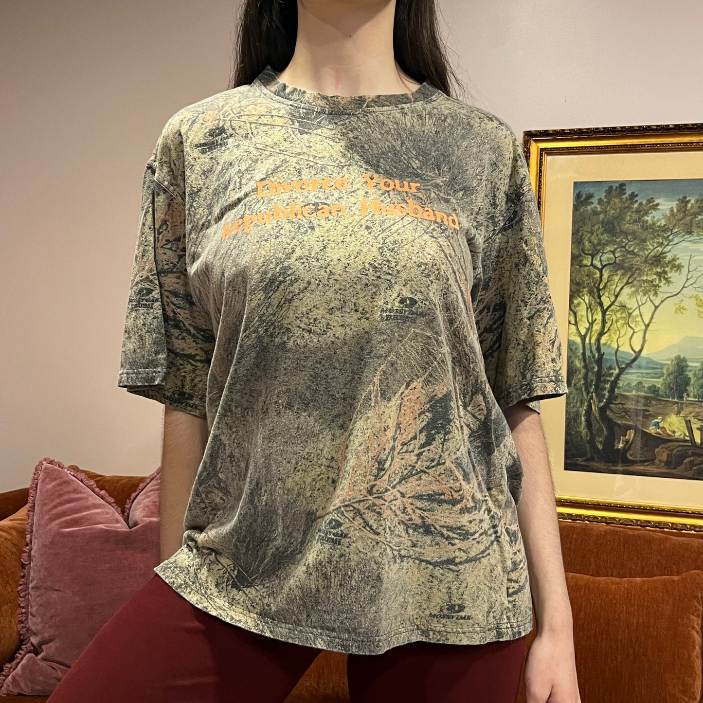 DIVORCE YOUR REPUBLICAN HUSBAND camo t-shirt with orange text (L)