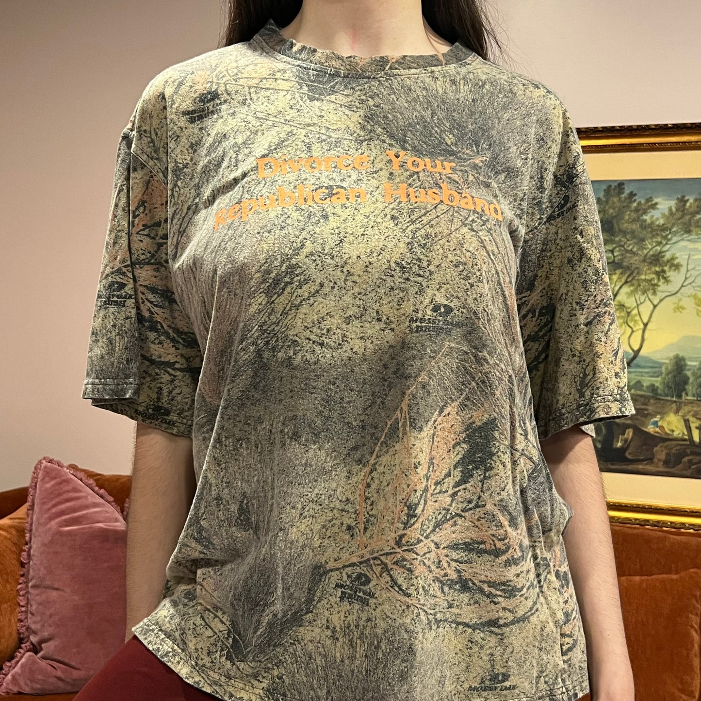 DIVORCE YOUR REPUBLICAN HUSBAND camo t-shirt with orange text (L)