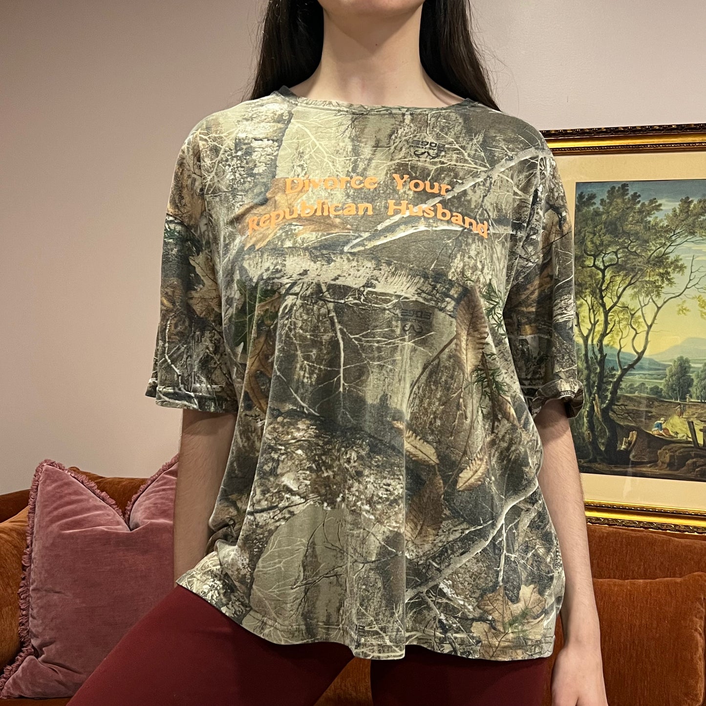 DIVORCE YOUR REPUBLICAN HUSBAND camo t-shirt with orange text (2XL)